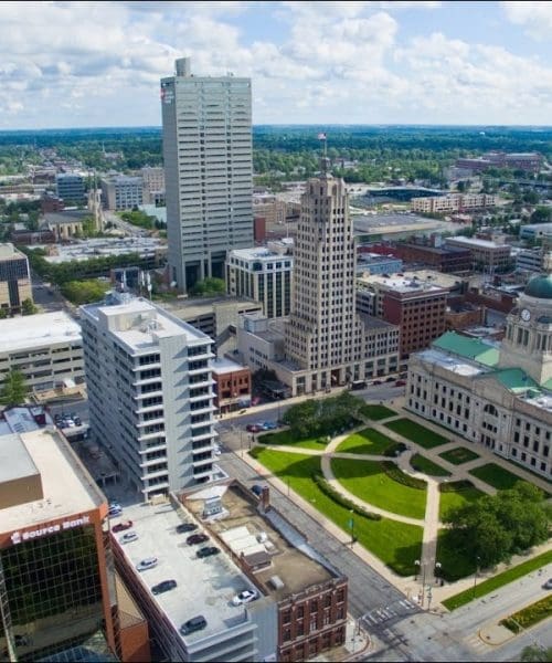 Aerial view of downtown Fort Wayne with the courthouse in the center
